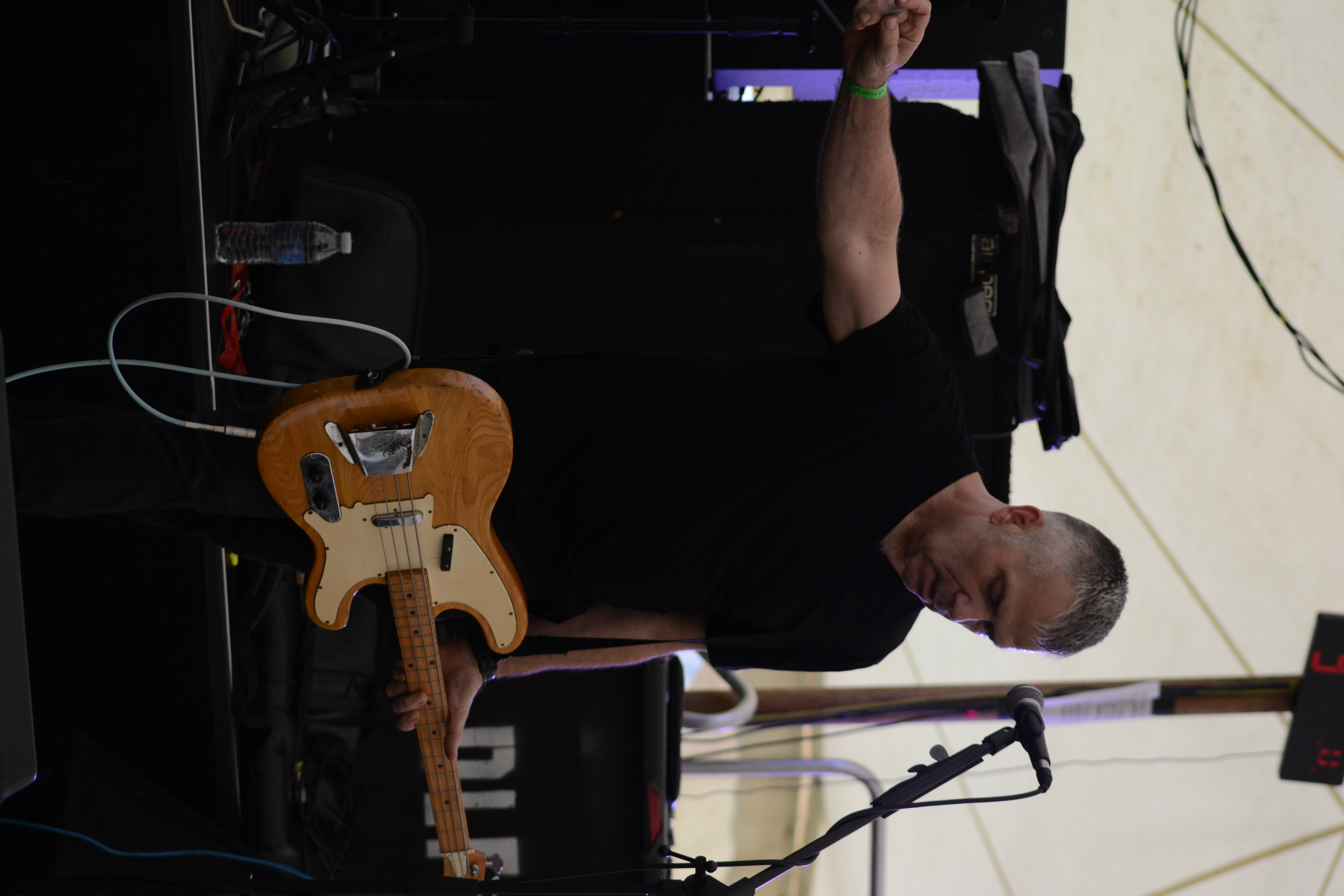 Bassist-vocalist at the microphone with one arm extended and bass guitar hanging low